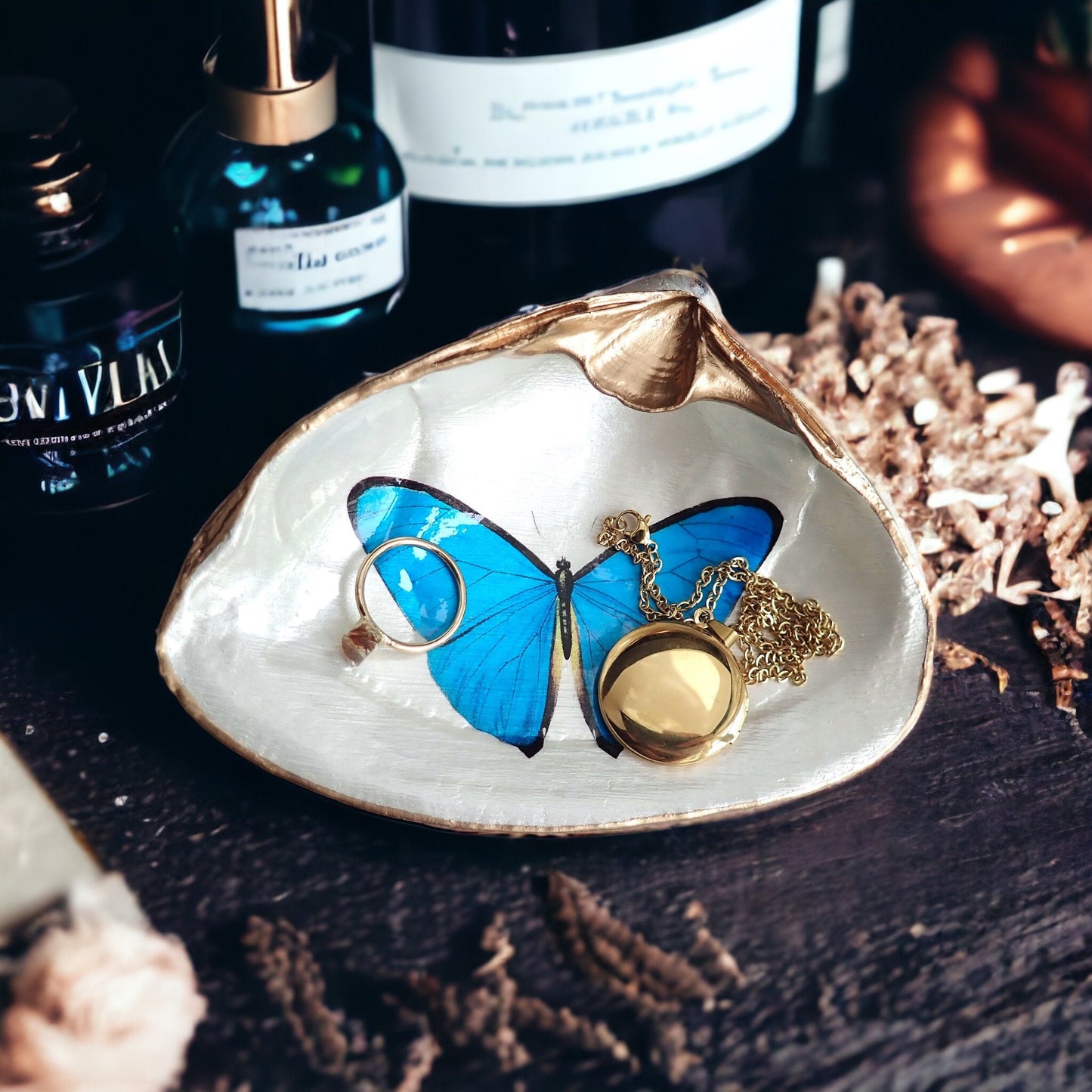 Blue Morpho Butterfly Decoupage Clam Shell Trinket Dish