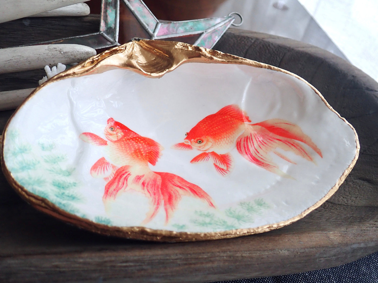 Decoupage Clam Shell Goldfish Art
