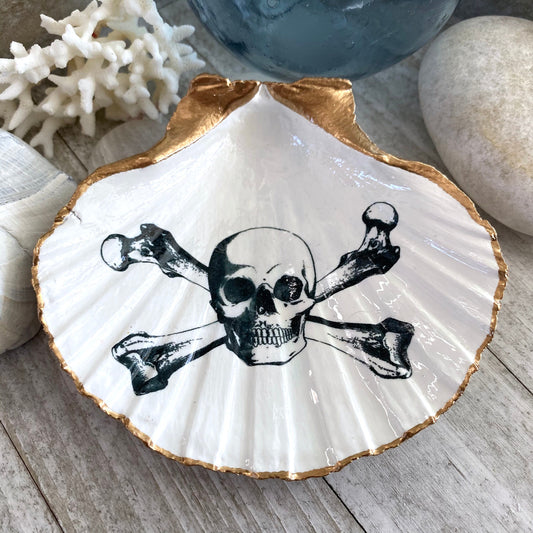 Decoupage Scallop Shell Trinket Dish Skull & Crossbones