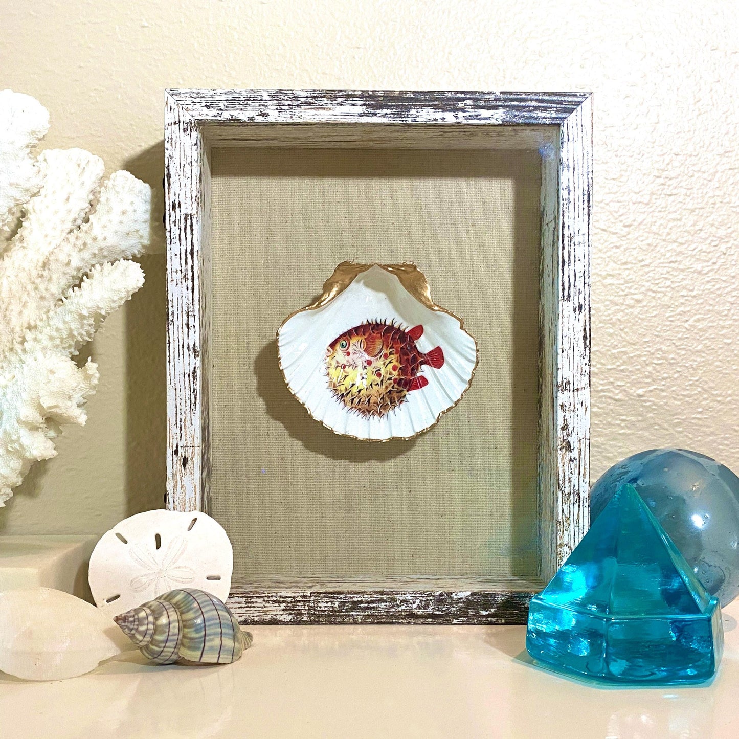Coastal Wall Art Framed Decoupage Scallop Shell – Beach House Decor