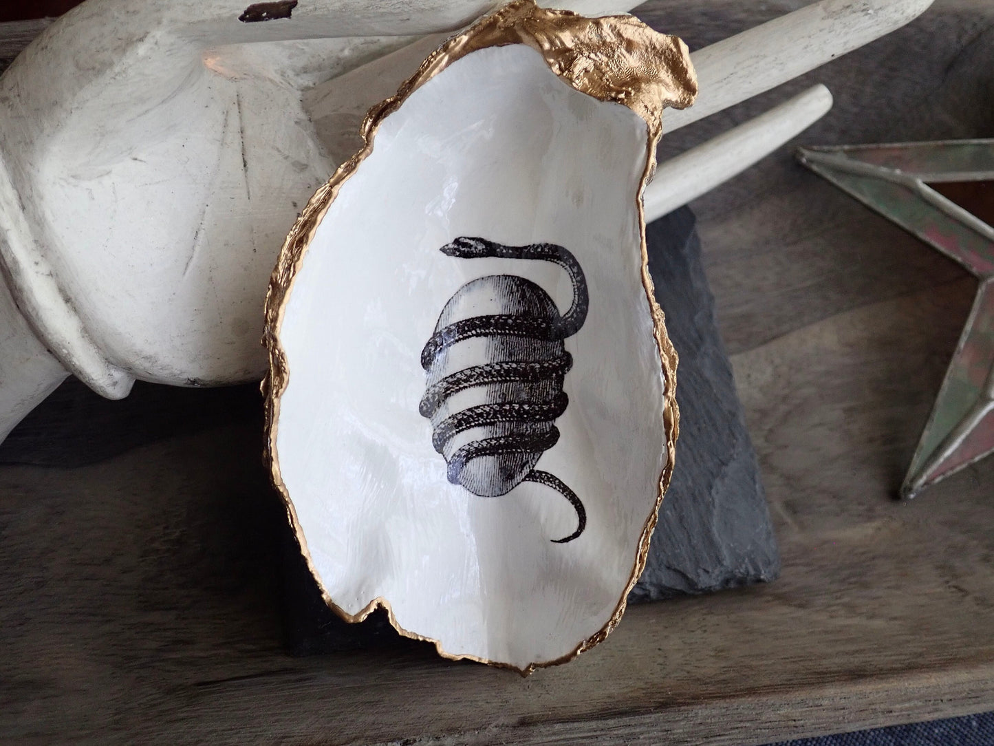 Decoupage Orphic Egg Oyster Shell Ring Dish – Handcrafted Esoteric Art, Greek Mythology Gift