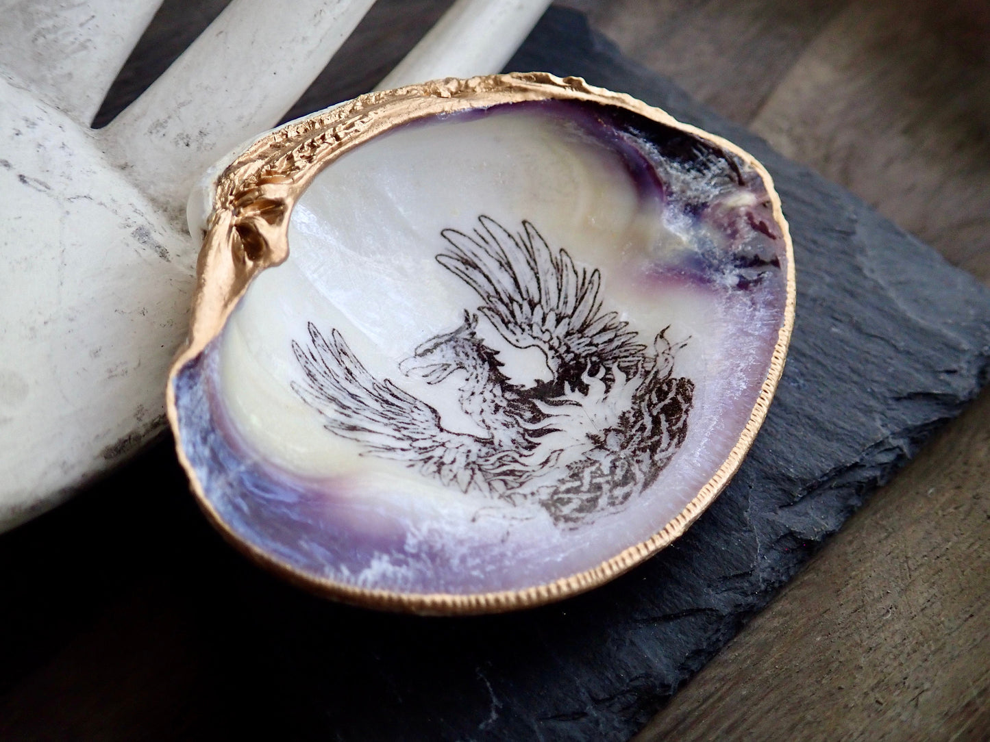 Decoupage Phoenix Clam Shell Ring Dish – Coastal Jewelry Holder, Mythology Decor