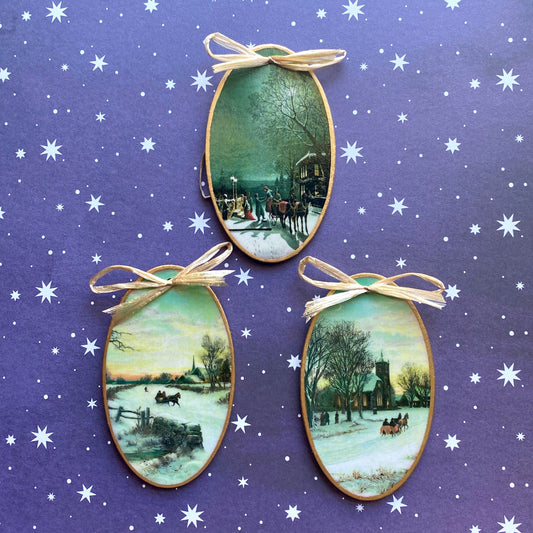 Vintage Winter Scenes Decoupage Holiday Ornaments