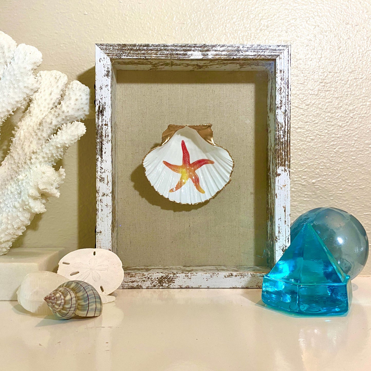 Coastal Wall Art Framed Decoupage Scallop Shell – Beach House Decor