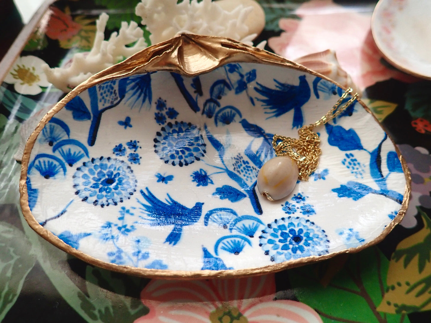 Decoupage Clam Shell Ring Dish – Delft Blue & White Design, Coastal Accent