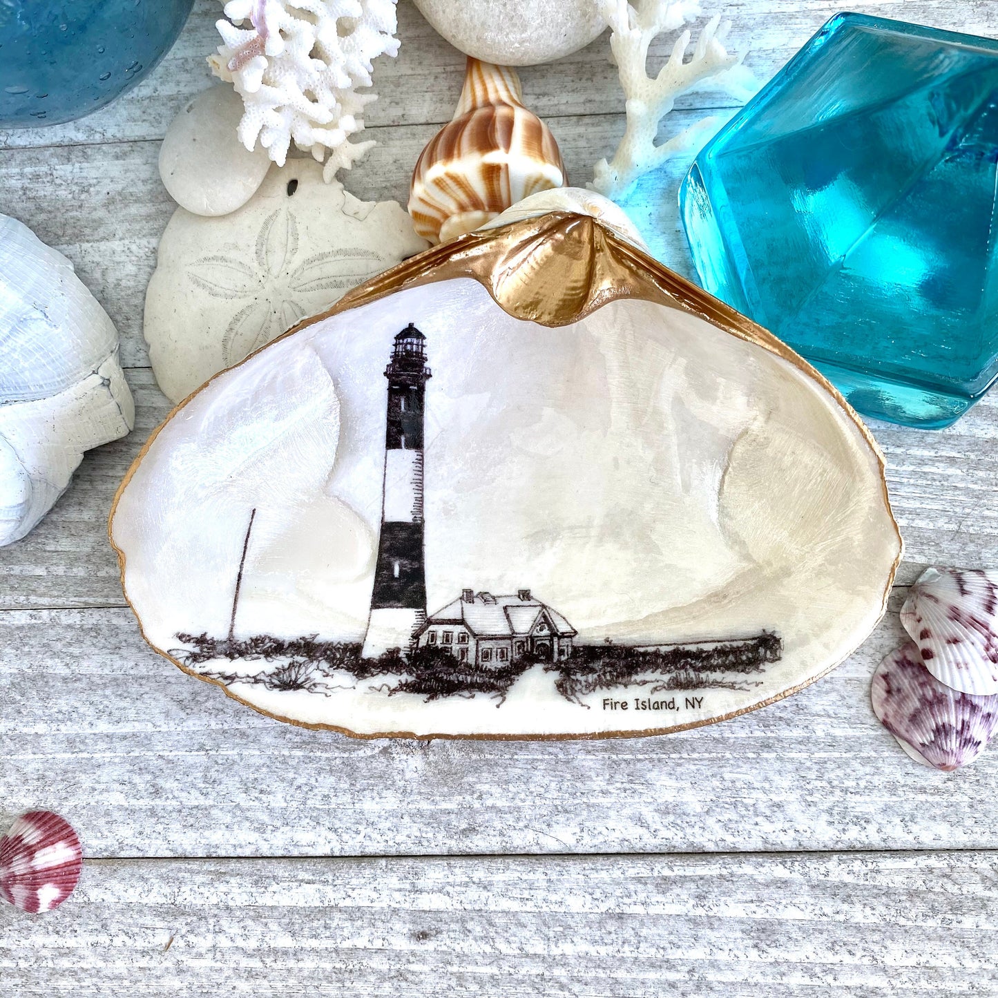 Decoupage Clam Shell Trinket Dish Fire Island Lighthouse Art, Coastal Home Decor