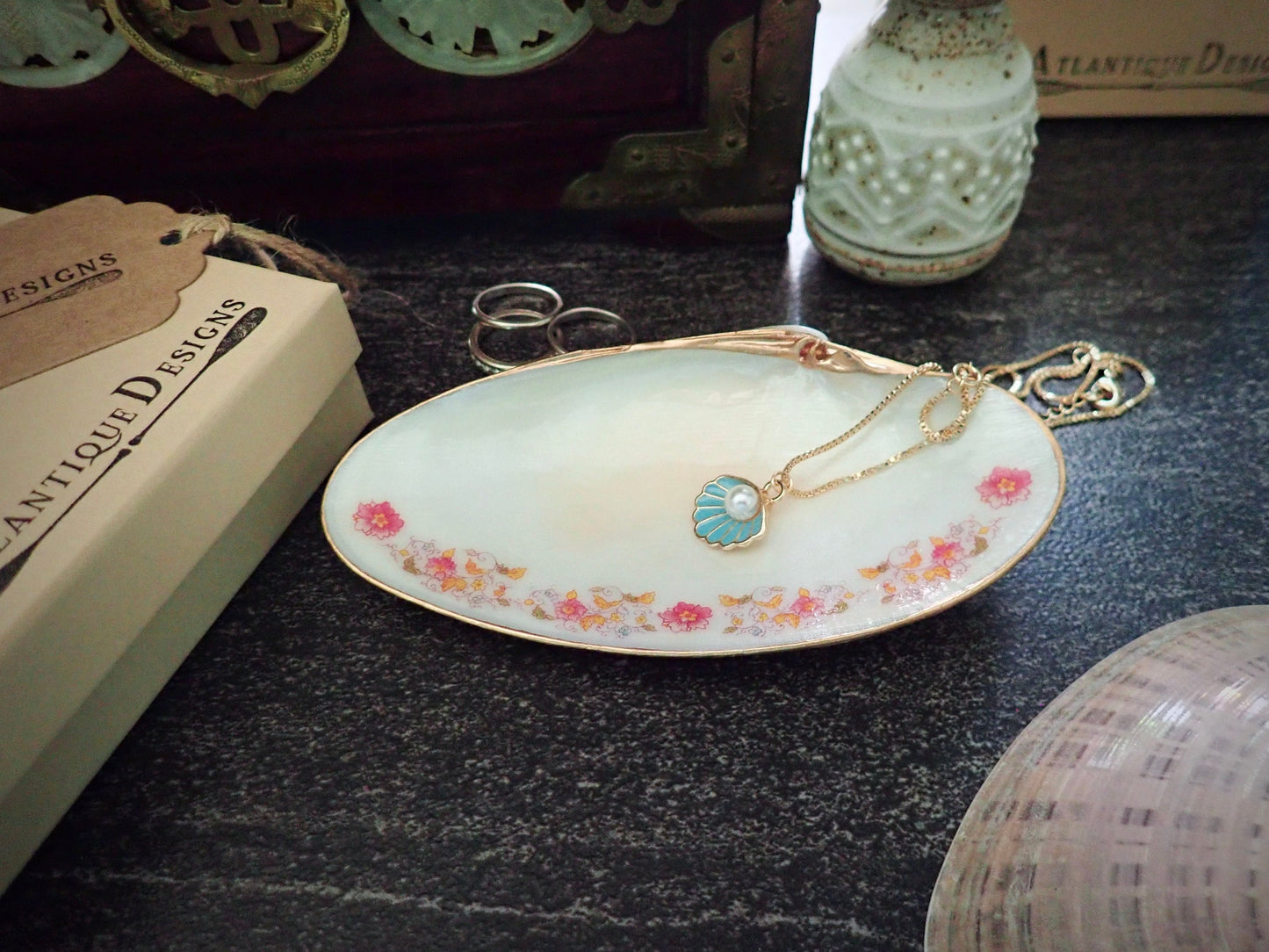 Decoupage Floral Clam Shell Ring Dish – Coastal Jewelry Holder, Nautical Gift