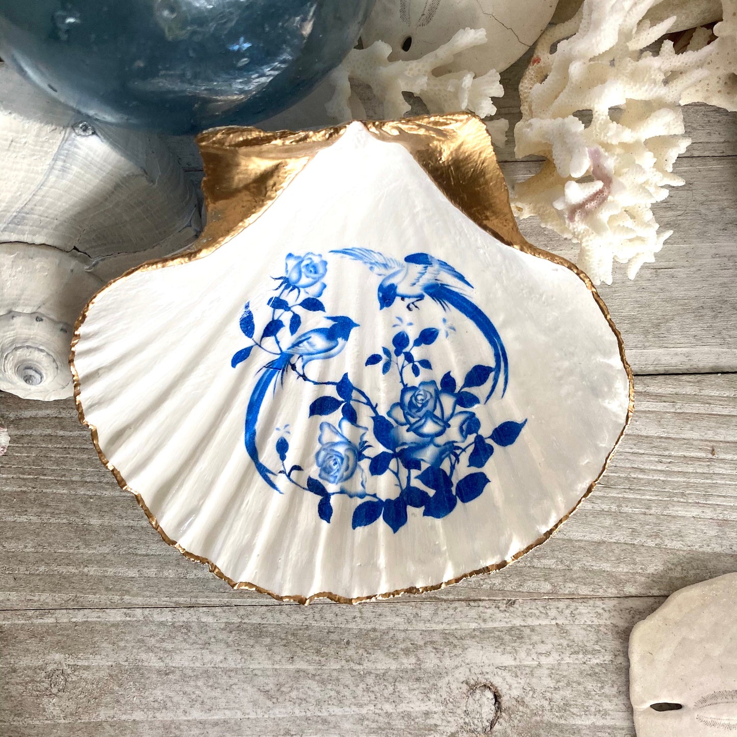 Decoupage Scallop Shell Trinket Dish Blue & White Chinoiserie