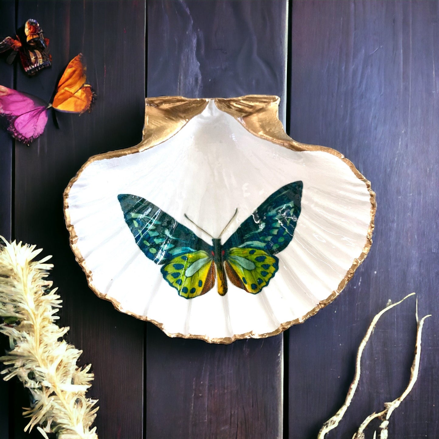 Decoupage Scallop Shell Trinket Dish Butterfly Art