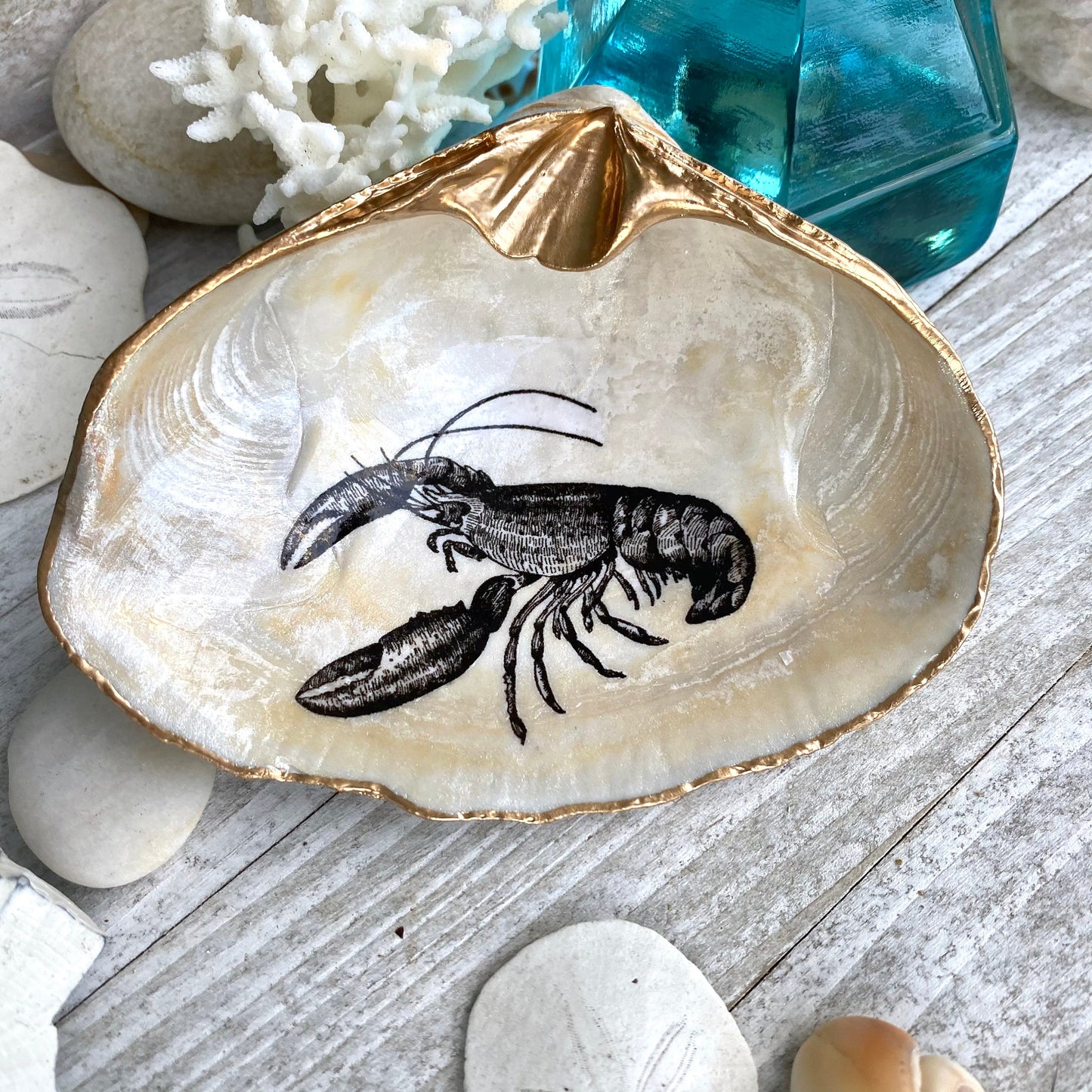 Decoupage Lobster Clam Shell Ring Dish – Coastal Jewelry Holder, Nautical Gift