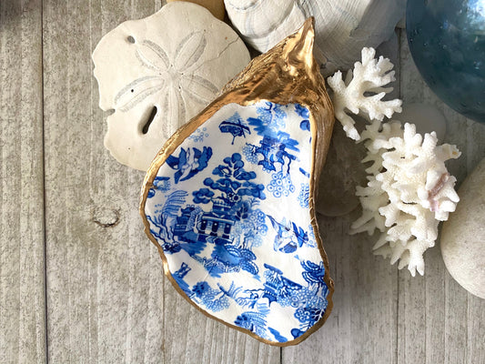 Decoupage Chinoiserie Oyster Shell Ring Dish – Coastal Jewelry Holder, Hostess Gift