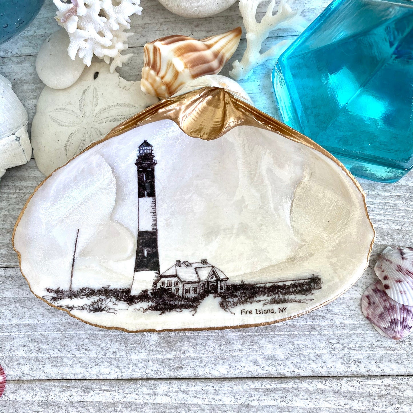 Decoupage Clam Shell Trinket Dish Fire Island Lighthouse Art, Coastal Home Decor