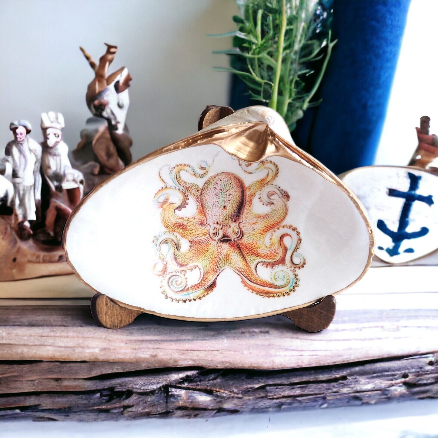 Decoupage Clam Shell Gold Octopus Art