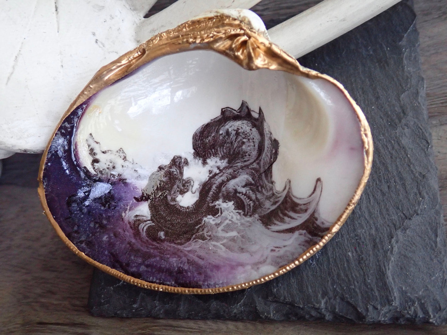Decoupage Clam Shell Jewelry Dish – Mythological Sea Monster Art