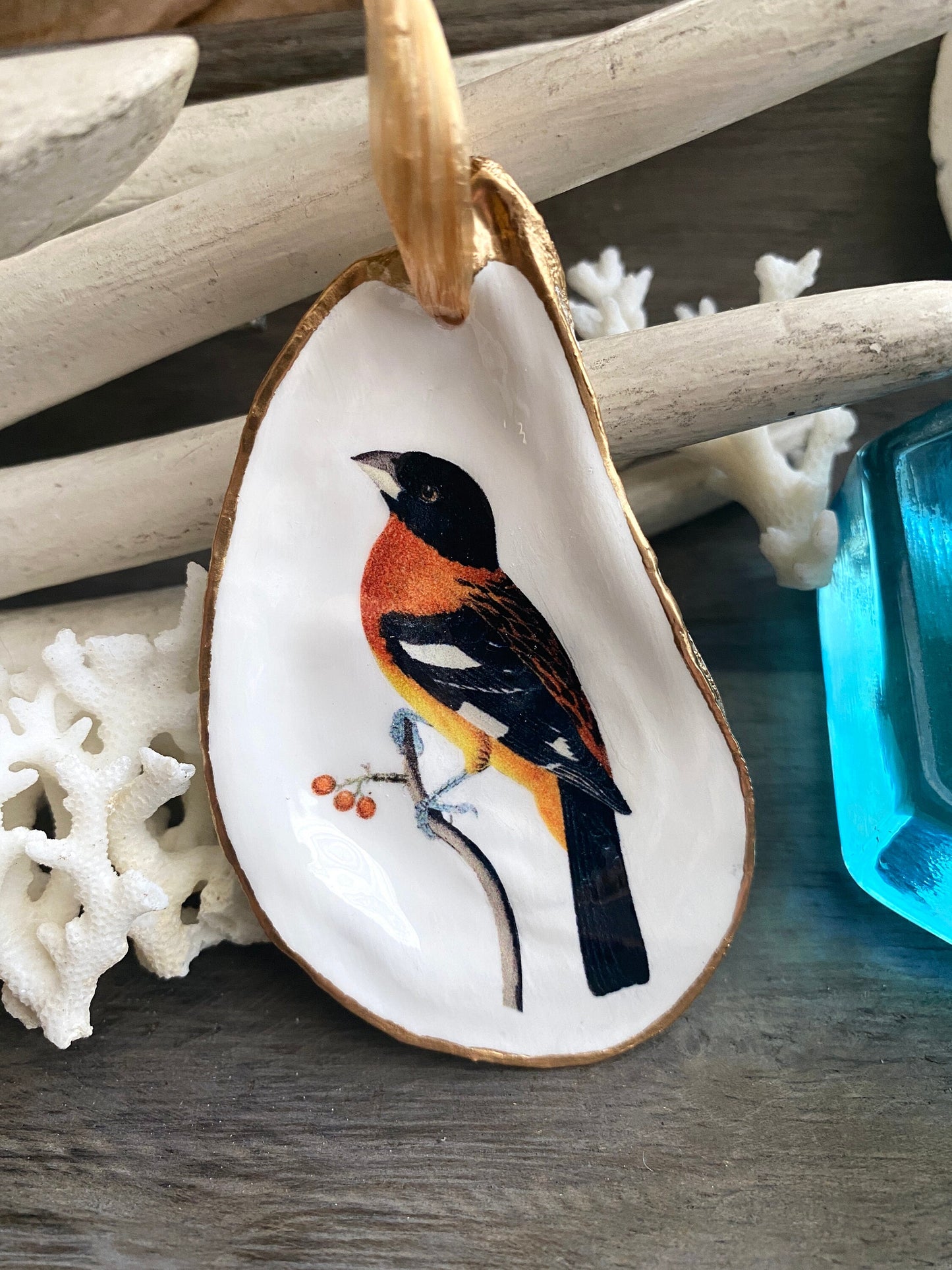 Holiday Ornaments Decoupage Oyster Shell  Bird Lover Art