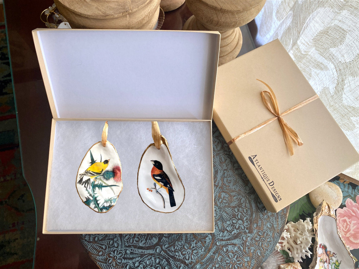 Holiday Ornaments Decoupage Oyster Shell  Bird Lover Art