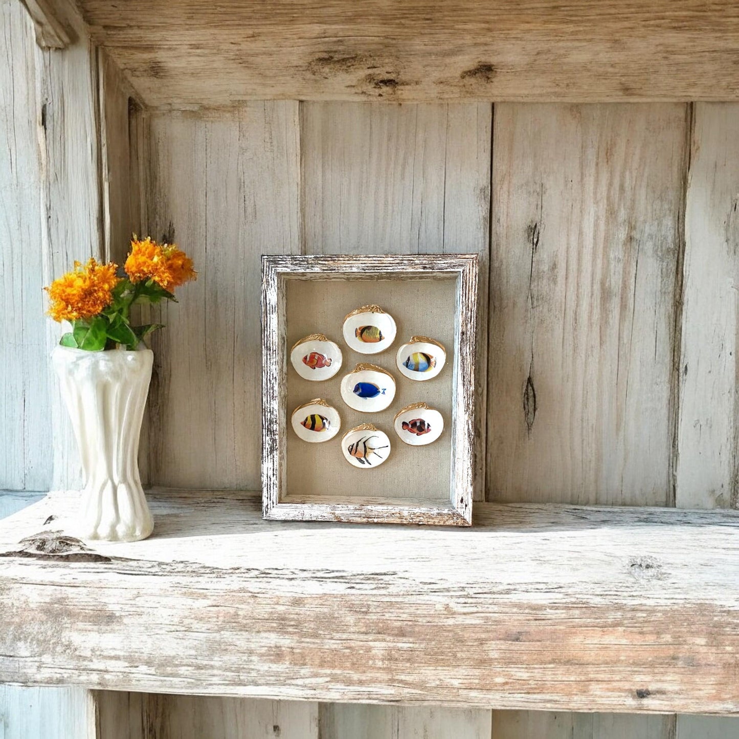 Coastal Wall Art Framed Decoupage Clam Shell – Tropical Fish Art Shadowbox, Beach House Decor