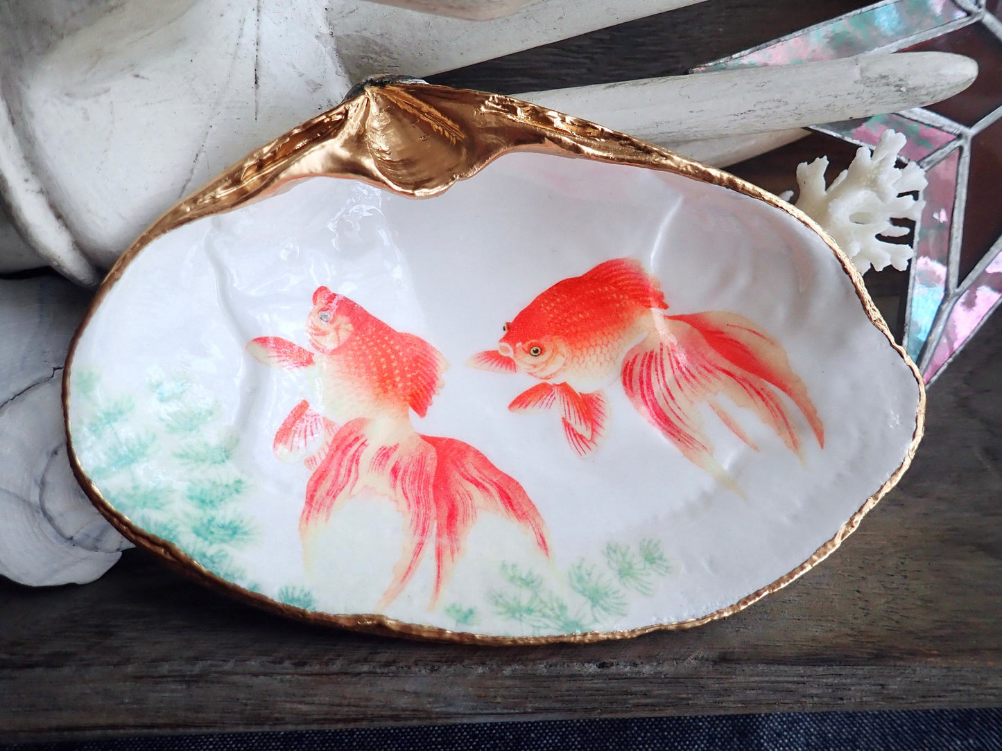 Decoupage Clam Shell Goldfish Art