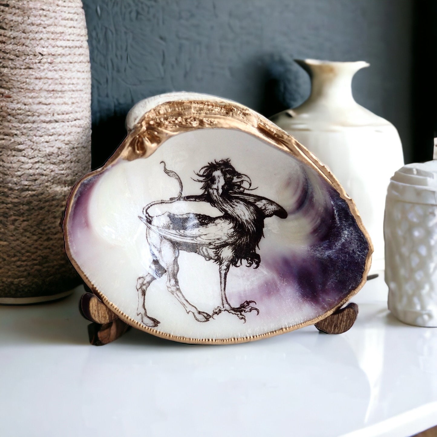 Decoupage Clam Shell Trinket Dish Mythical Griffin Art
