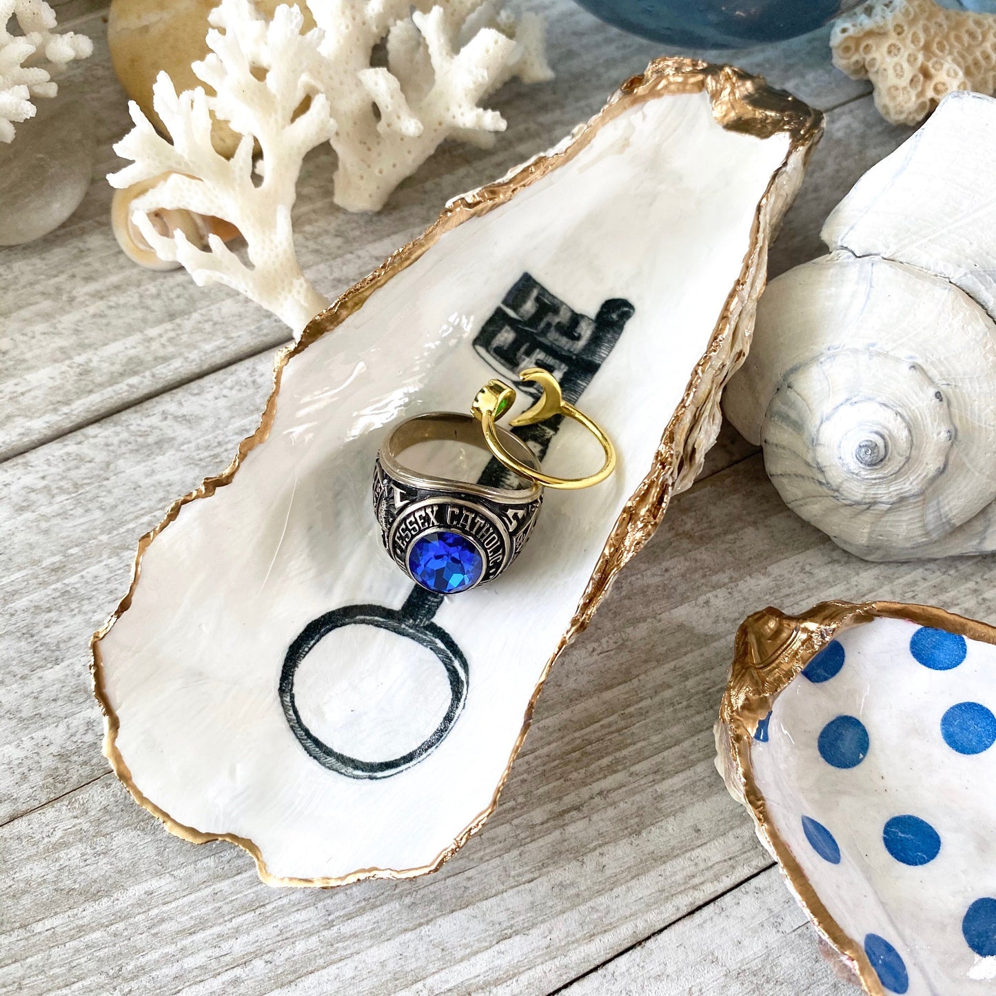 Decoupage Oyster Shell Jewelry Dish – Vintage Skeleton Key, Beach House Accent