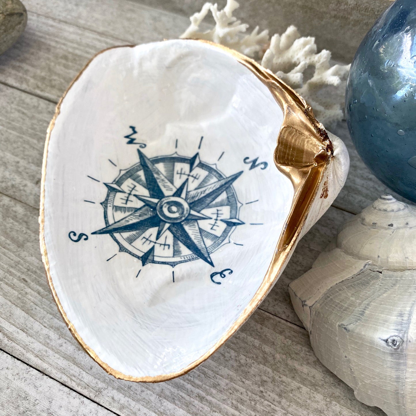Decoupage Clam Shell Nautical Compass Art Trinket Dish