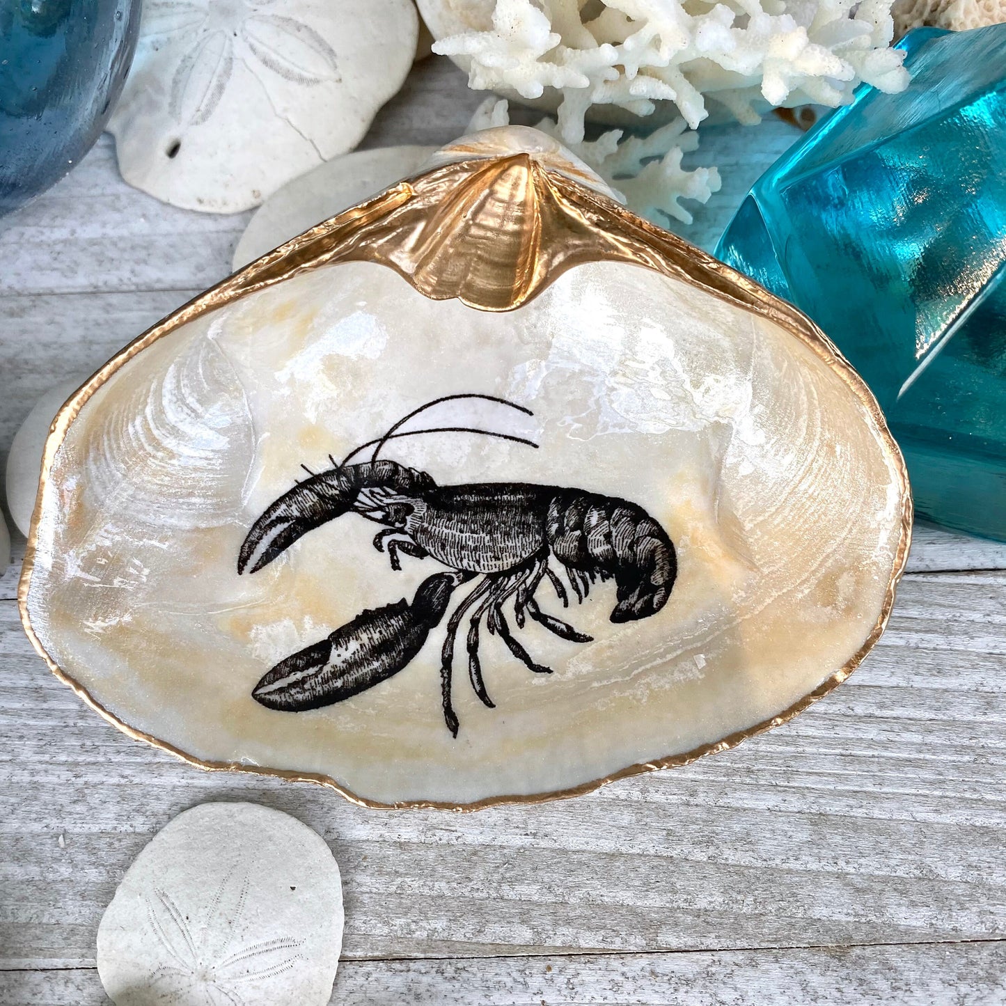 Decoupage Lobster Clam Shell Ring Dish – Coastal Jewelry Holder, Nautical Gift
