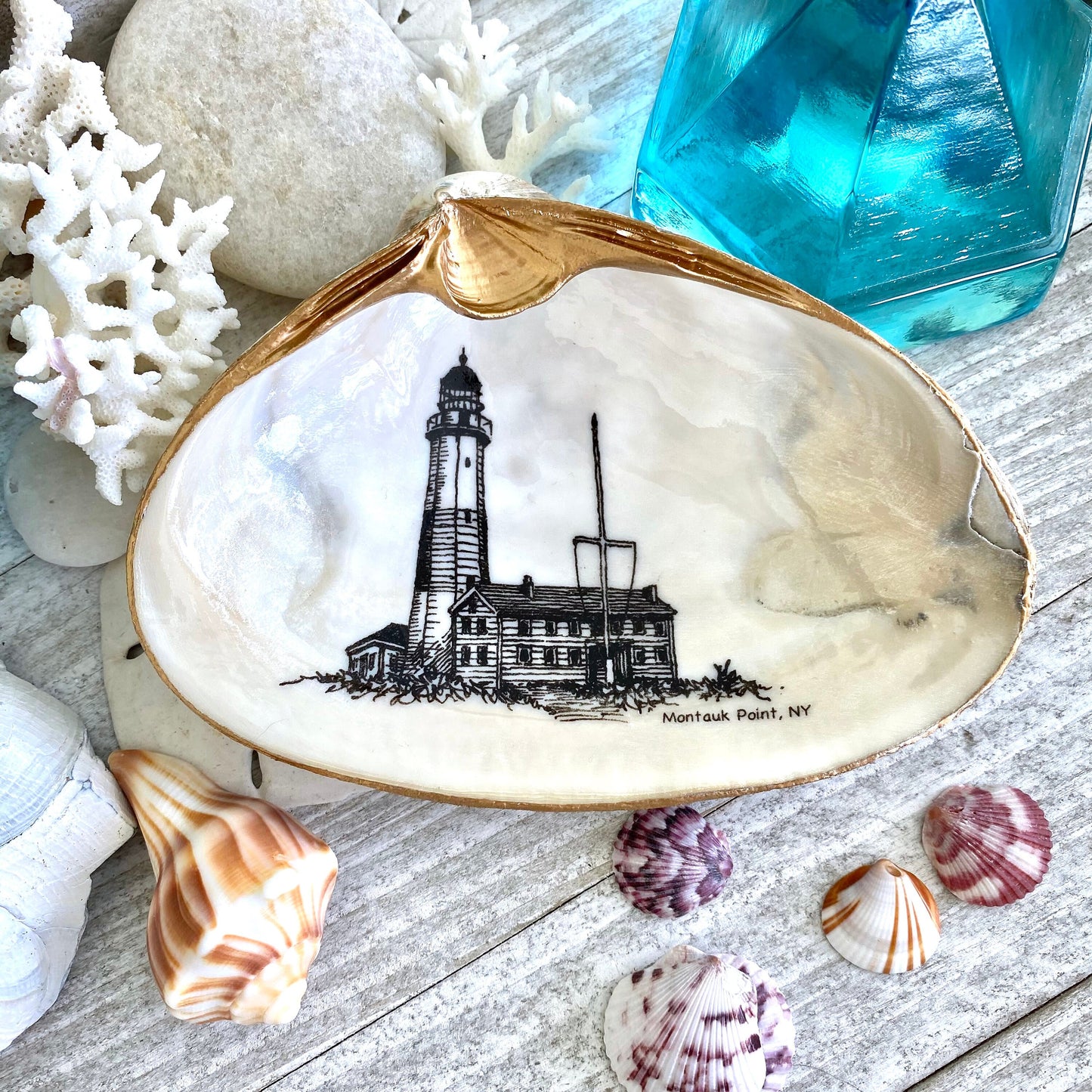 Decoupage Clam Shell Trinket Dish Montauk Lighthouse Art
