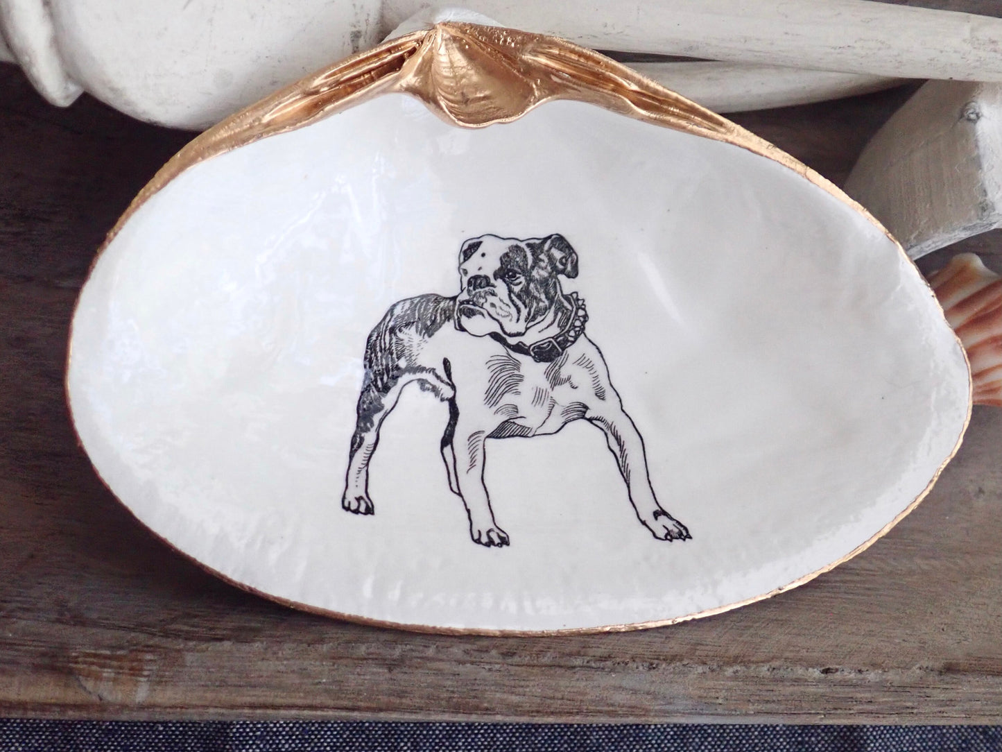 Dog Lover Gift – Decoupage Clam Shell Trinket Dish Vintage Bulldog Art