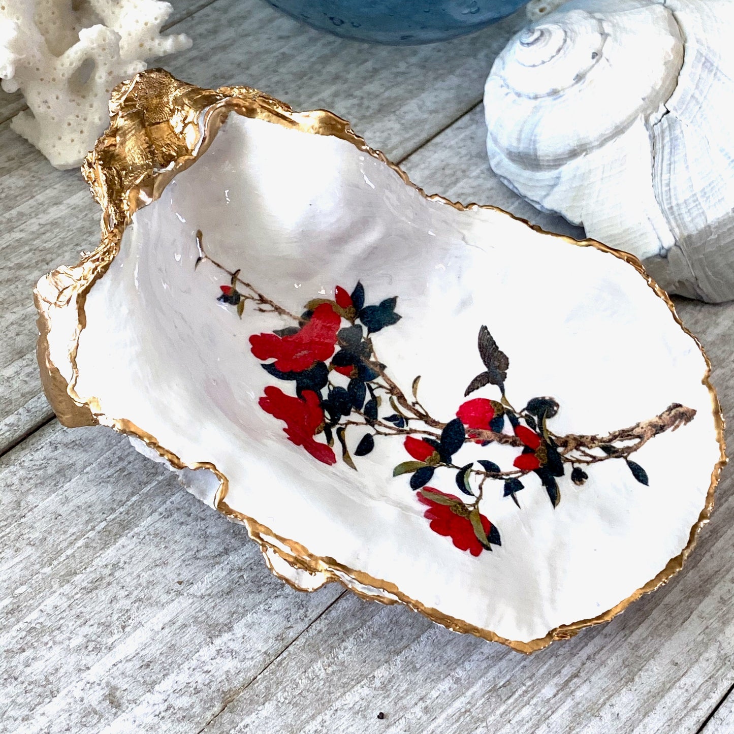 Decoupage Oyster Shell Trinket Dish Cherry Blossom Art