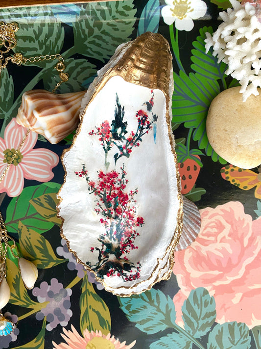 Cherry Blossom Oyster Shell Trinket Dish – Hand-Crafted Decoupage Art
