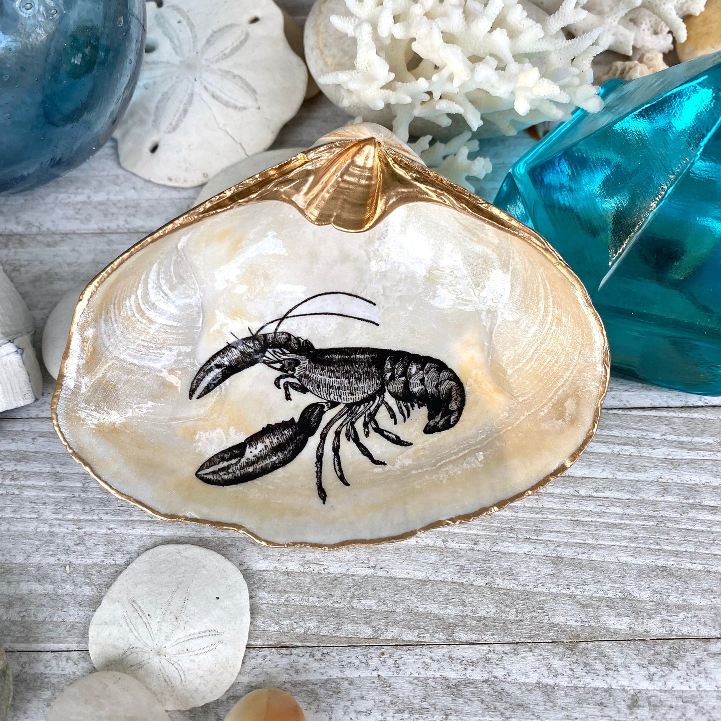 Decoupage Lobster Clam Shell Ring Dish – Coastal Jewelry Holder, Nautical Gift
