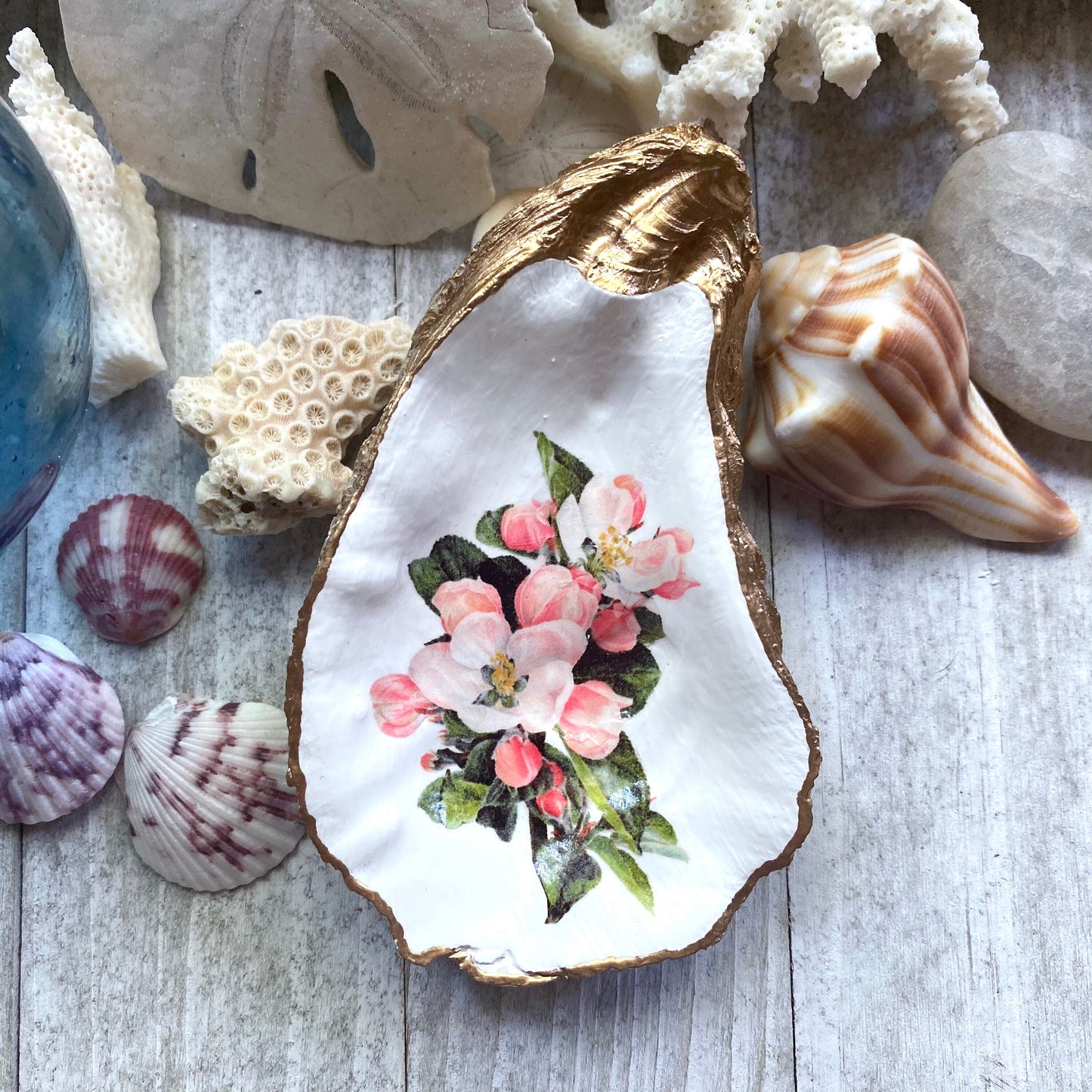 Decoupage Oyster Shell Trinket Dish – Apple Blossom Floral Art