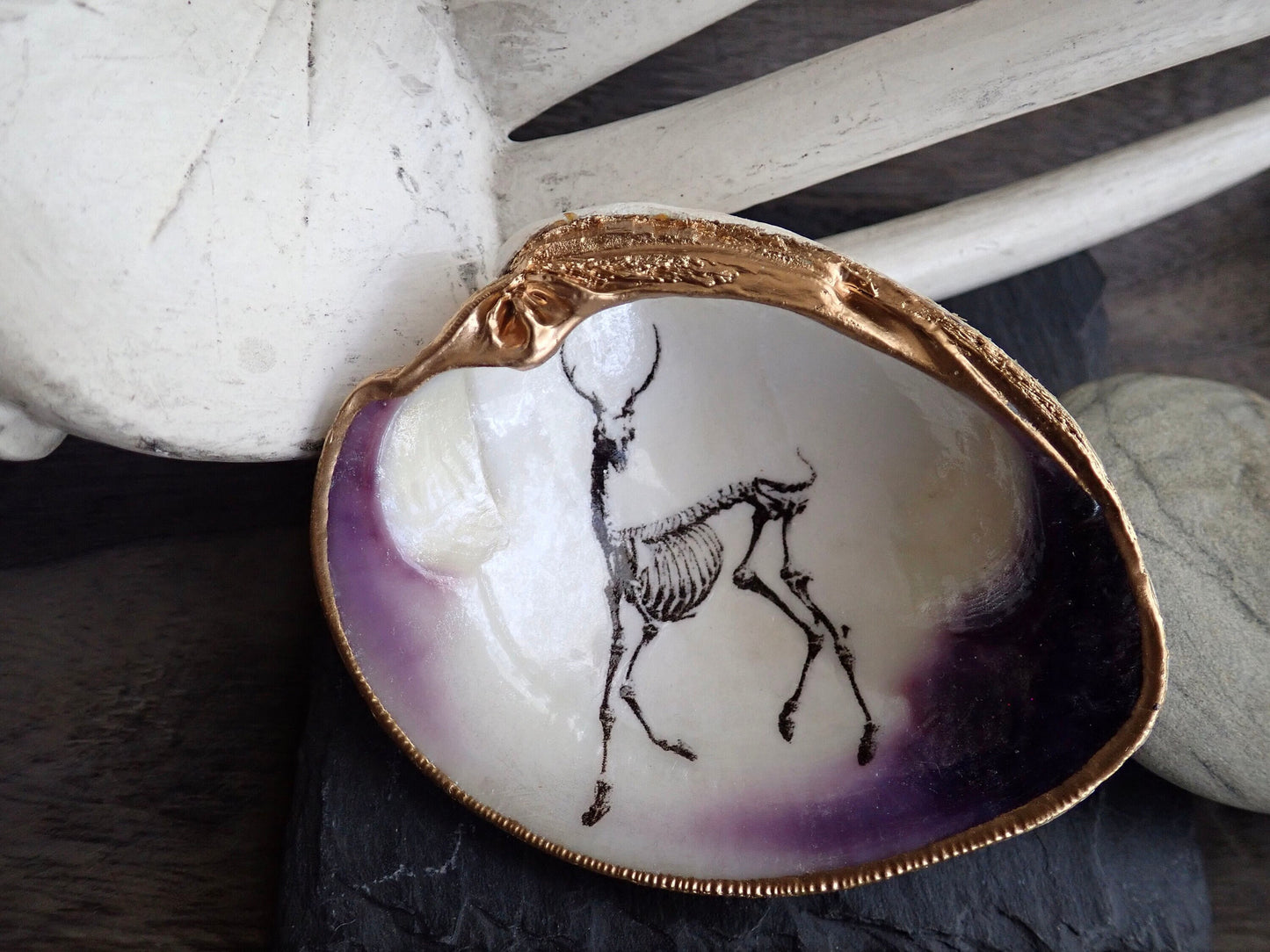 Decoupage Clam Shell Ring Dish – Gothic Skeleton, Esoteric Art Gift