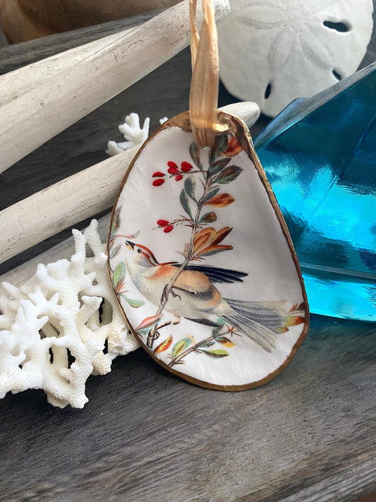 Holiday Ornaments Decoupage Oyster Shell Bird Lover Art