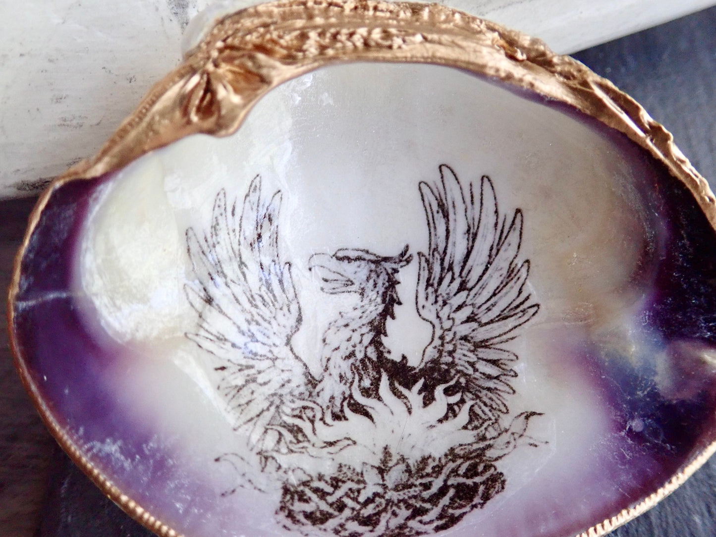 Decoupage Phoenix Clam Shell Ring Dish – Coastal Jewelry Holder, Mythology Decor