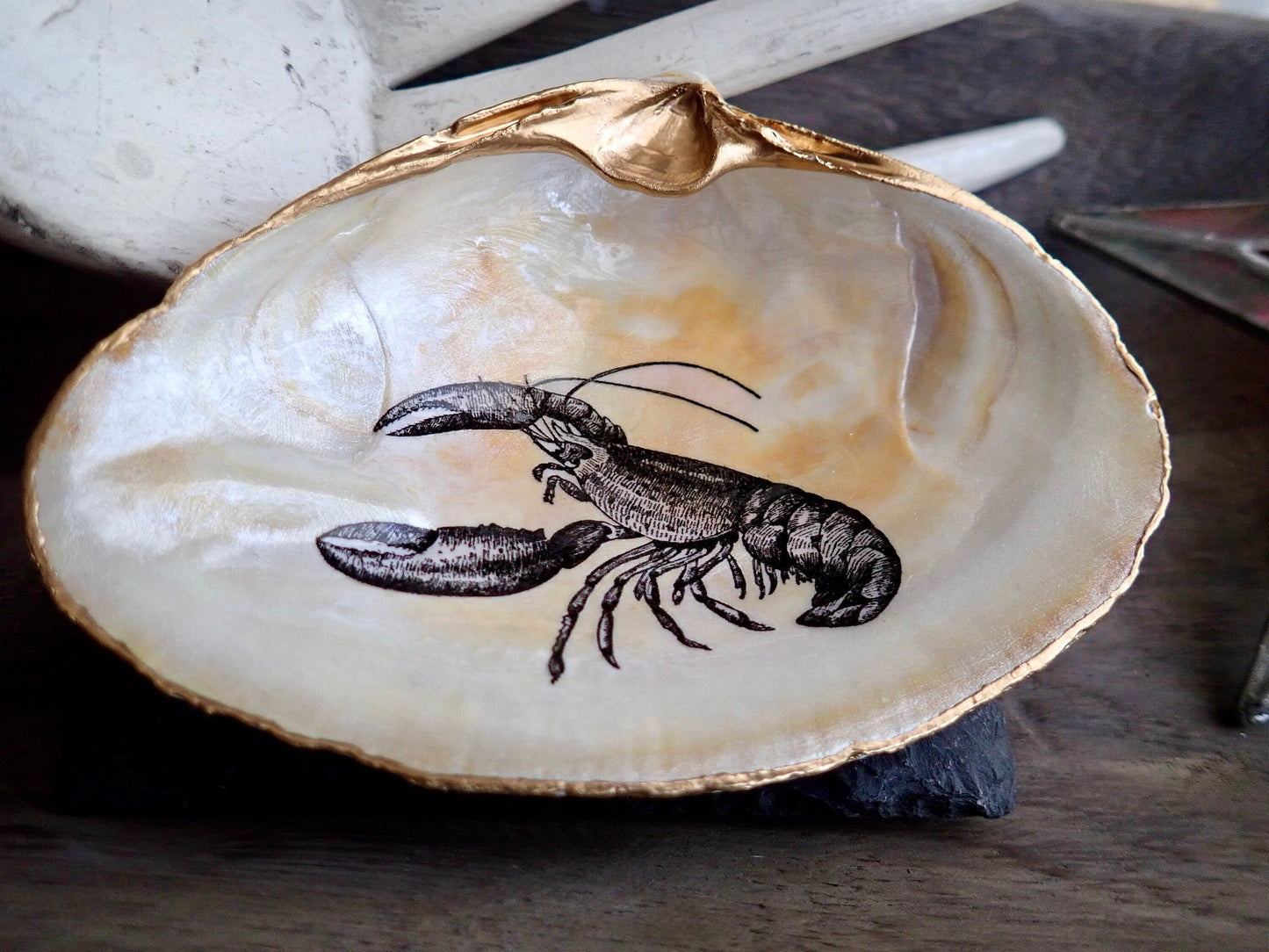 Decoupage Lobster Clam Shell Ring Dish – Coastal Jewelry Holder, Nautical Gift