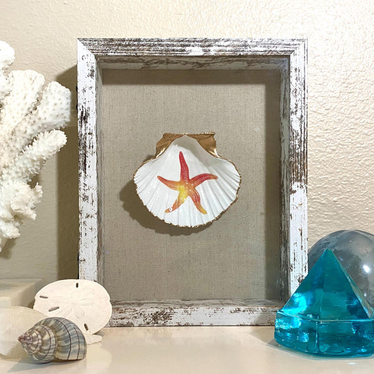 Coastal Wall Art Framed Decoupage Scallop Shell  – Beach House Decor