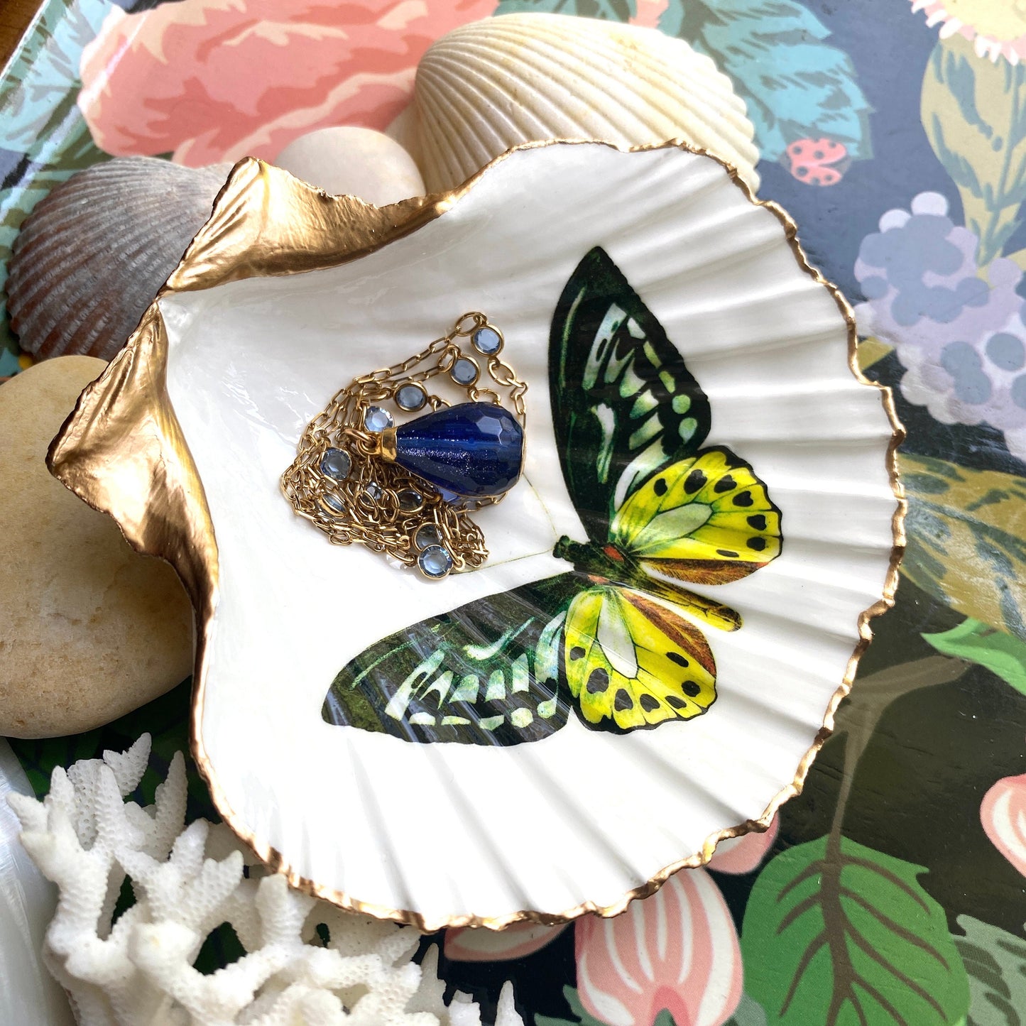 Decoupage Scallop Shell Trinket Dish Butterfly Art