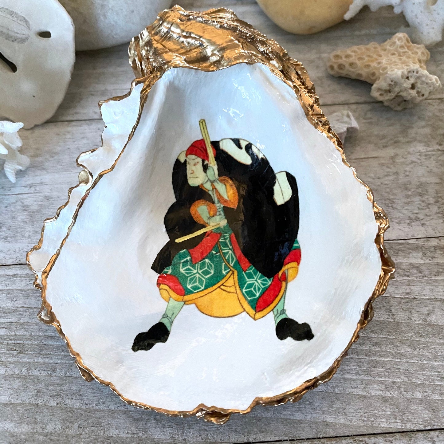 Decoupage Oyster Shell Trinket Dish Samurai Art