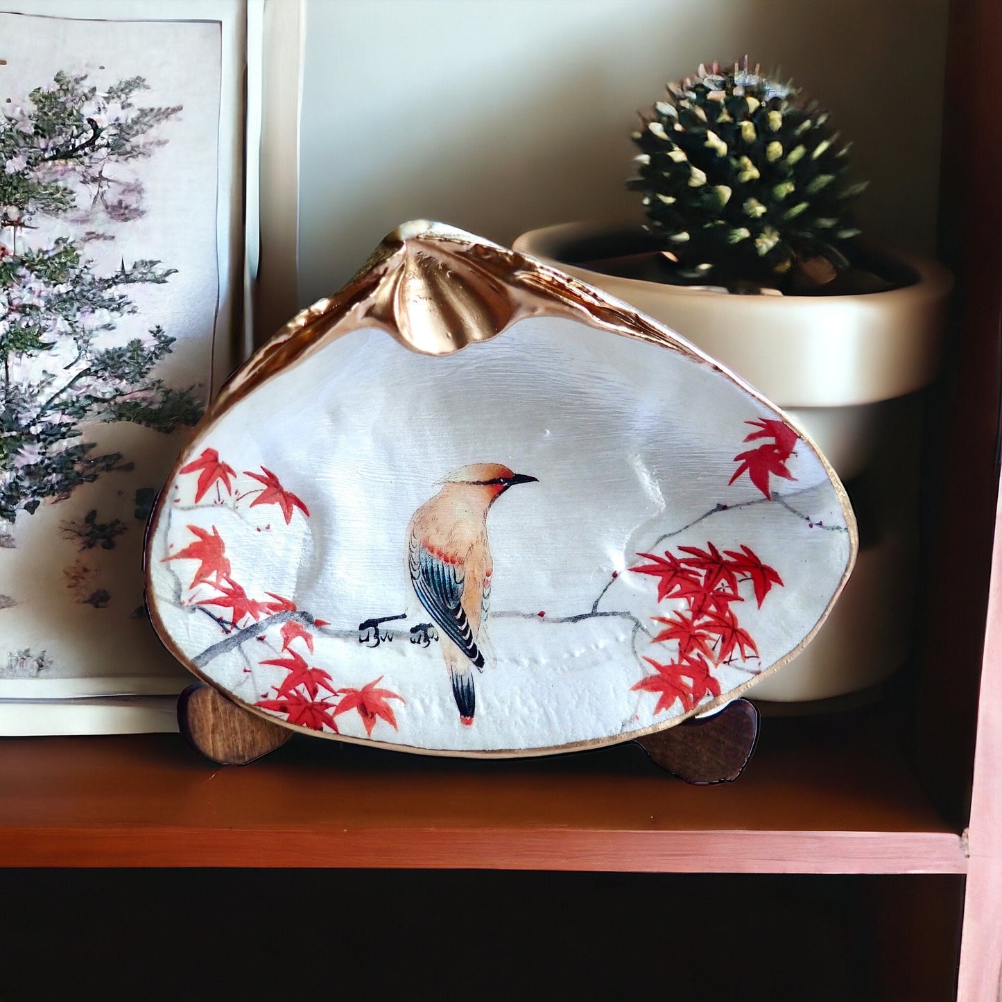 Cedar Waxwing Bird Decoupage Clam Shell Ring Dish
