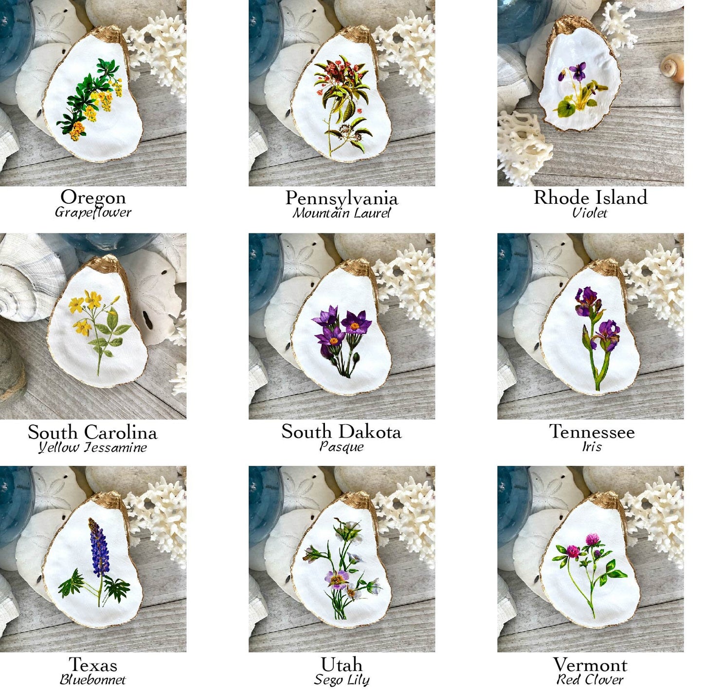 Decoupage Oyster Shell Ring Dish – State Flower Art Coastal Jewelry Holder, Hostess Gift