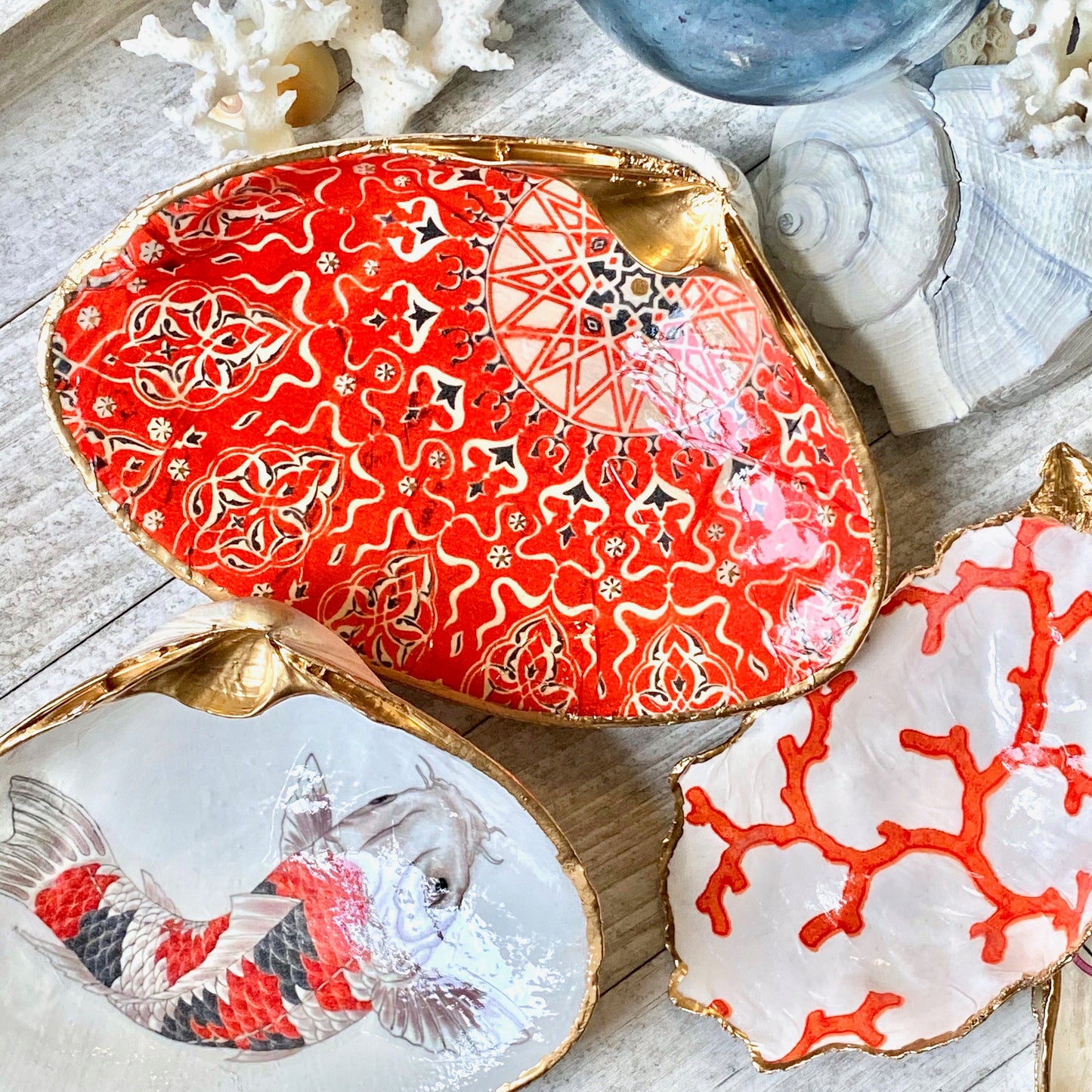 Koi Fish Decoupage Clam Shell Ring Dish – Handcrafted Coastal Trinket Holder, Nautical Gift