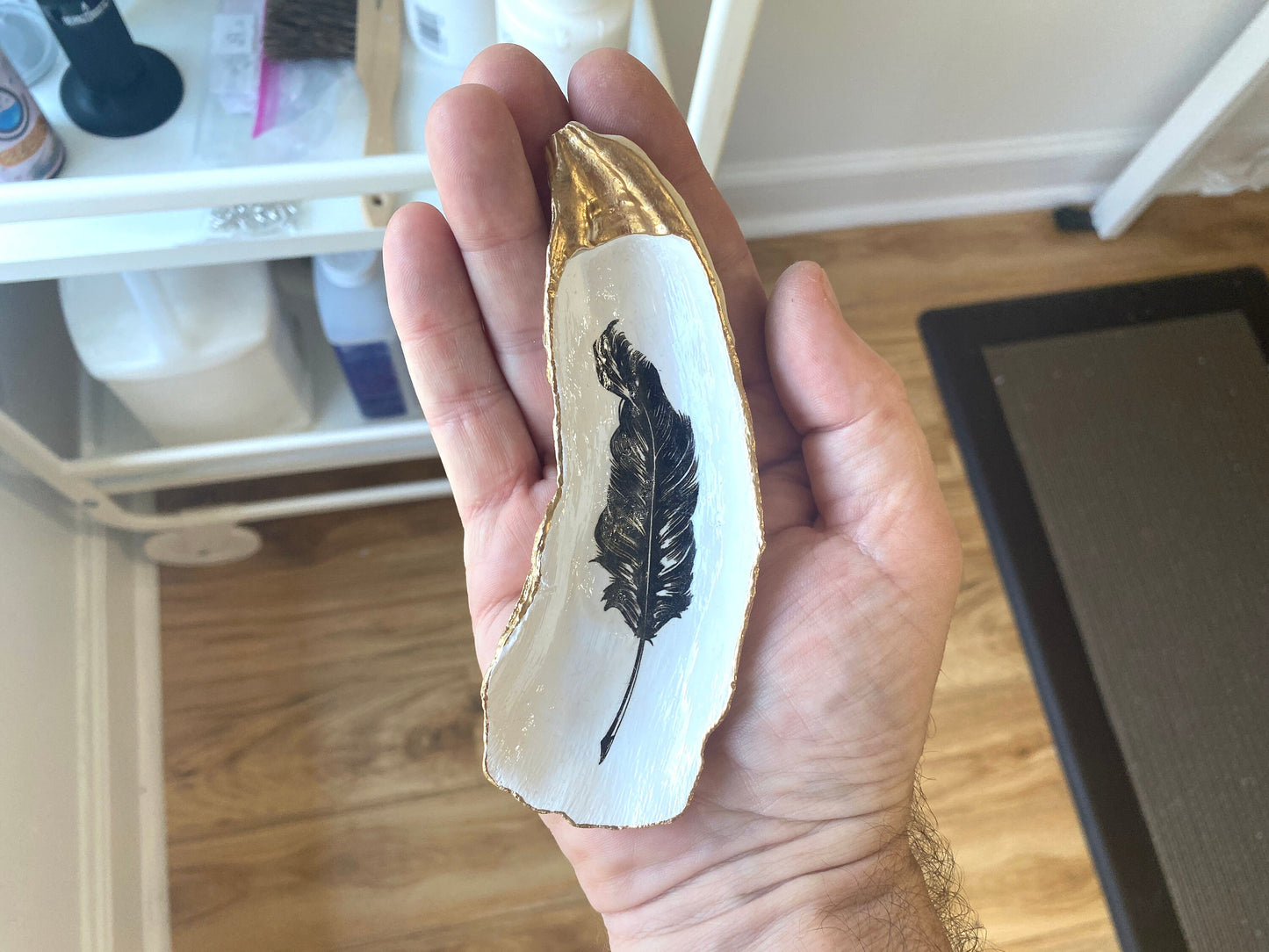 Decoupage Oyster Shell Ring Dish – Feather Art Coastal Decor, Hostess Gift