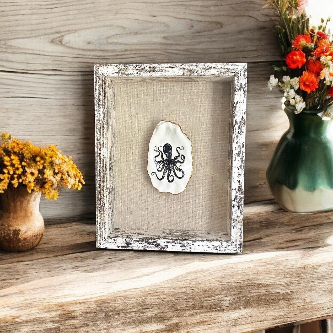 Decoupage Octopus Oyster Shell Shadow Box – Hand-Crafted Coastal Wall Hanging, Nautical Gift