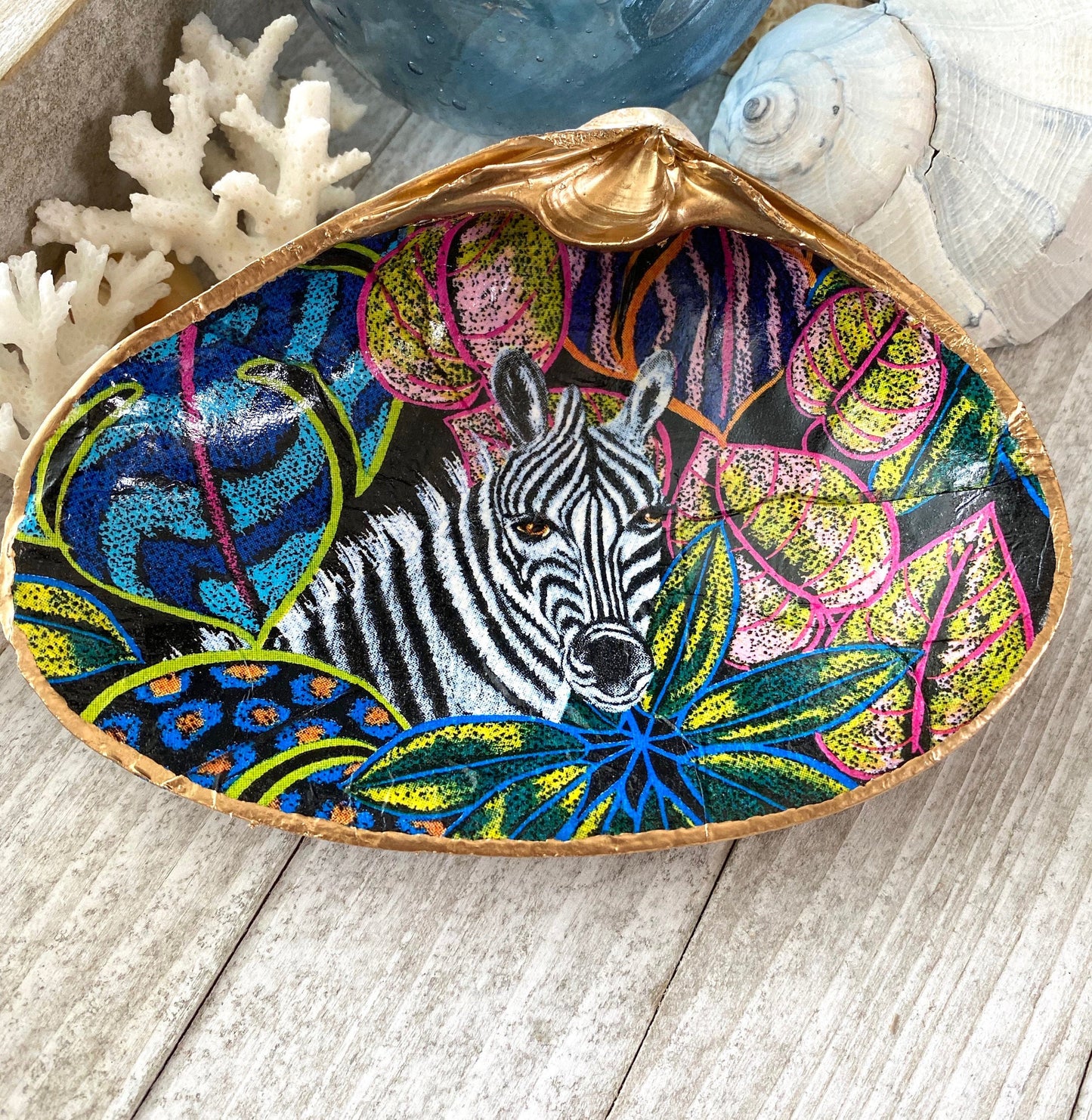 Decoupage Clam Shell Jewelry Dish – Tropical Zebra Design, Coastal Home Decor