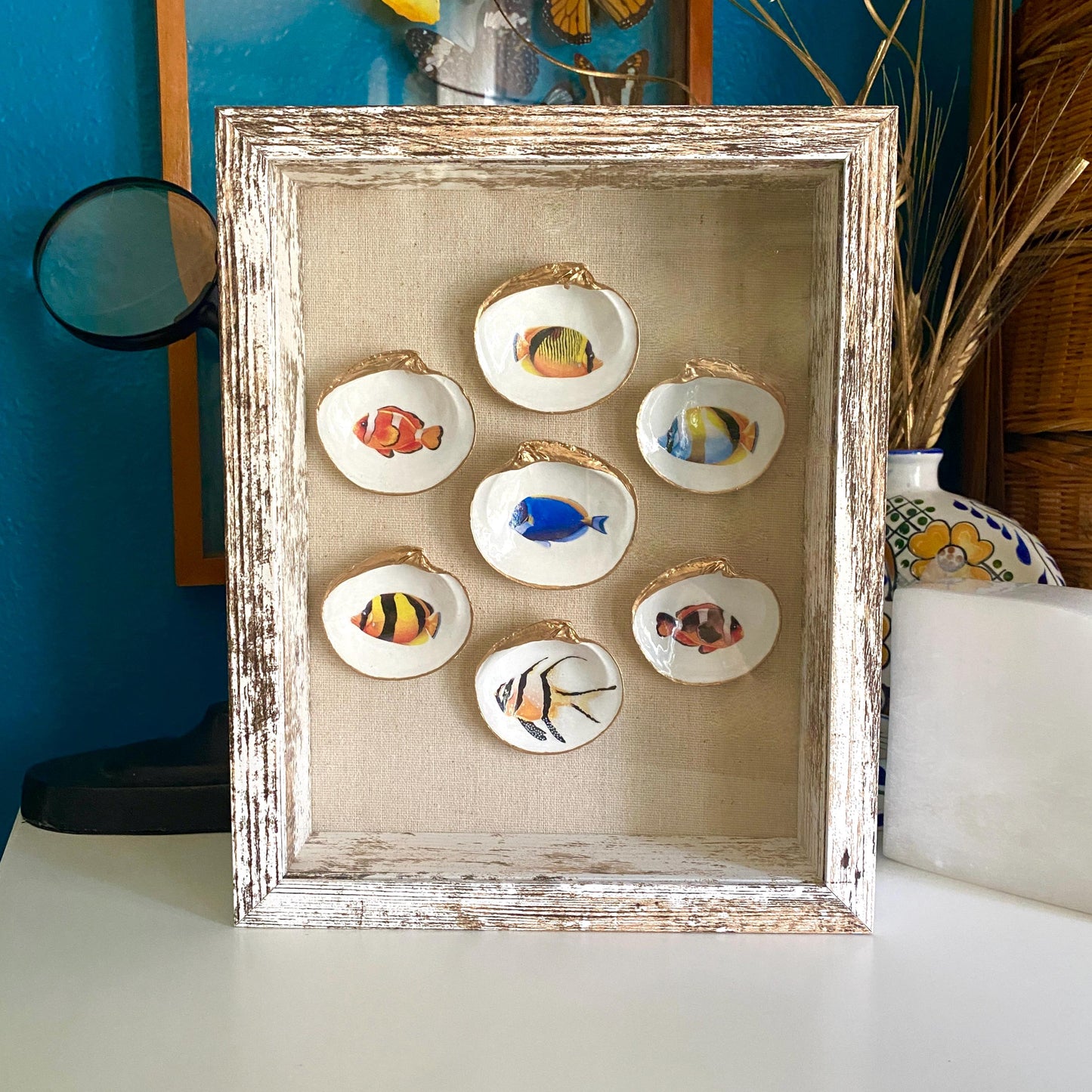 Coastal Wall Art Framed Decoupage Clam Shell – Tropical Fish Art Shadowbox, Beach House Decor