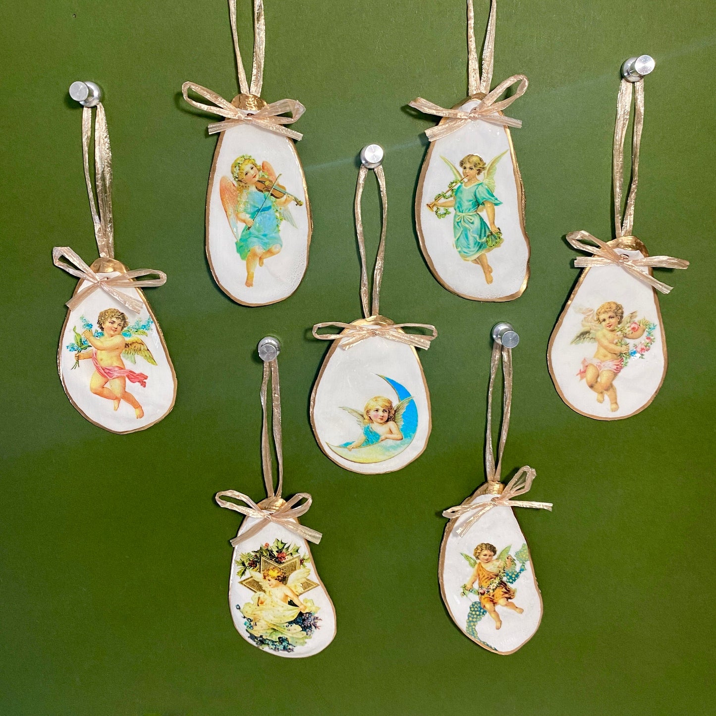 Holiday Angels Decoupage Oyster Shell Ornaments