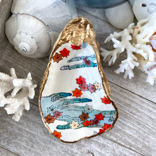 Decoupage Oyster Shell Ring Dish – Autumn Leaves Design, Hostess Gift