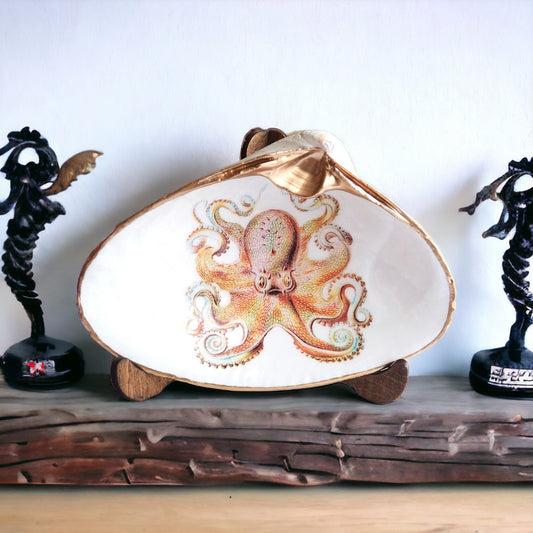 Decoupage Clam Shell Gold Octopus Art