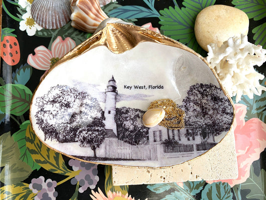 Decoupage Clam Shell Trinket Dish Key West Lighthouse Art